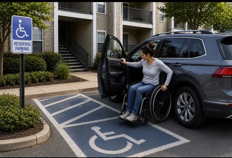 Tenant using a wheelchair transferring from her car in an accessible parking space