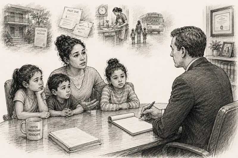 Pencil sketch of a mother and her children meeting with an attorney