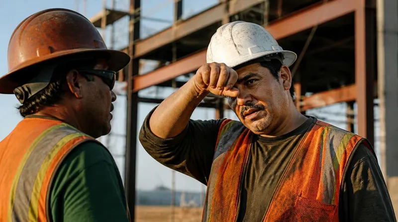 Two construction workers in hard hats and high-visibility vests on a California worksite