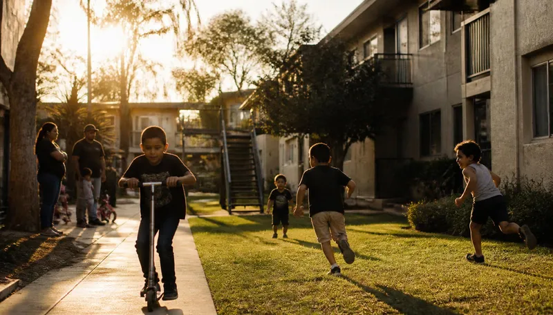 Children playing in the courtyard of a Los Angeles apartment complex