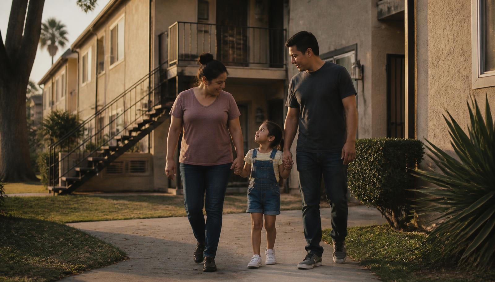 A family walking outside their apartment building