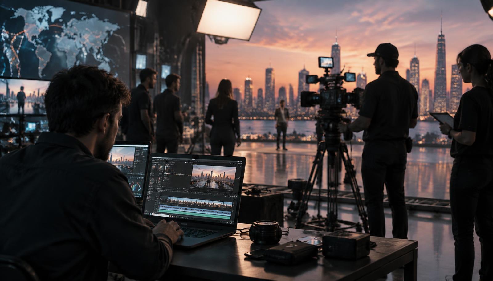 Film production crew on set beside editing screens