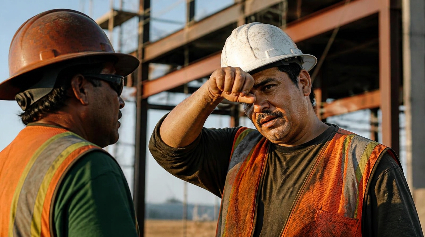 Dos trabajadores de construcción con cascos y chalecos reflectantes en una obra de California