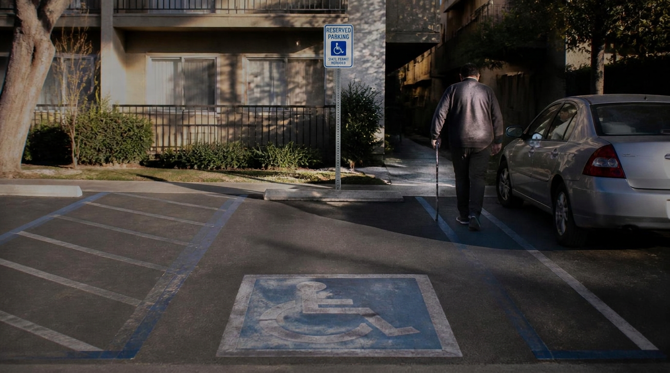 Espacio de estacionamiento accesible frente a un complejo de apartamentos en California